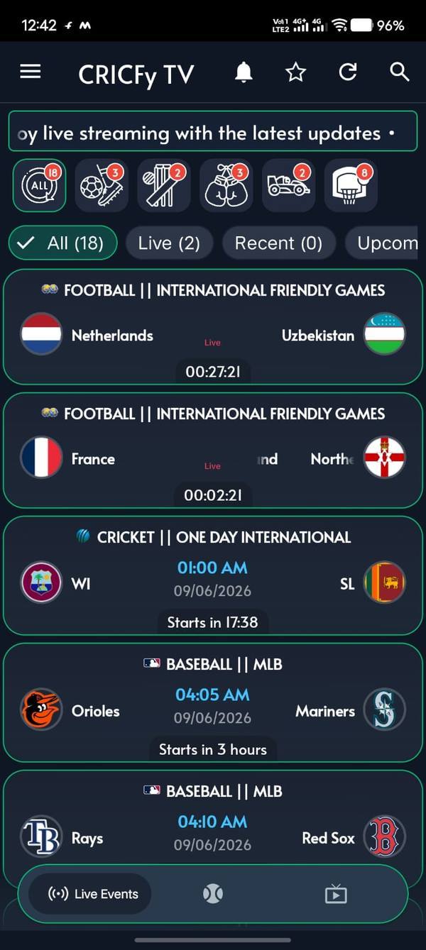 CricFy TV app home screen showing live cricket, football and sports matches