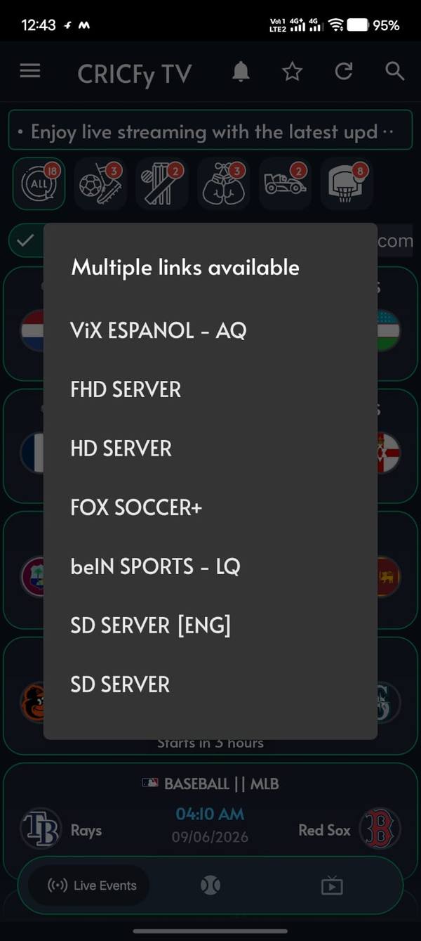 CricFy TV multiple server options for a live match