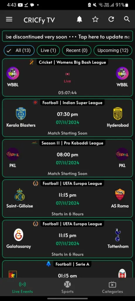 Cricfy TV User Interface